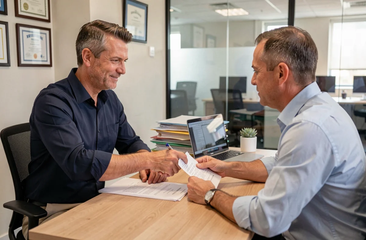 Homme signant un contrat de location avec un agent immobilier dans une agence professionnelle