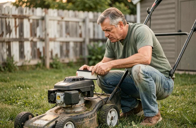 Homme inspectant le filtre à air d'une tondeuse à gazon qui consomme trop d'essence dans un jardin suburban