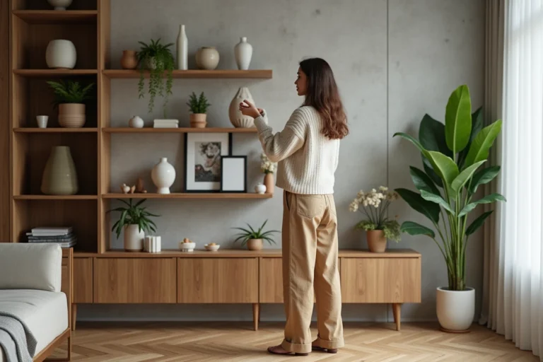 Jeune femme arrangeant des vases dans un salon moderne