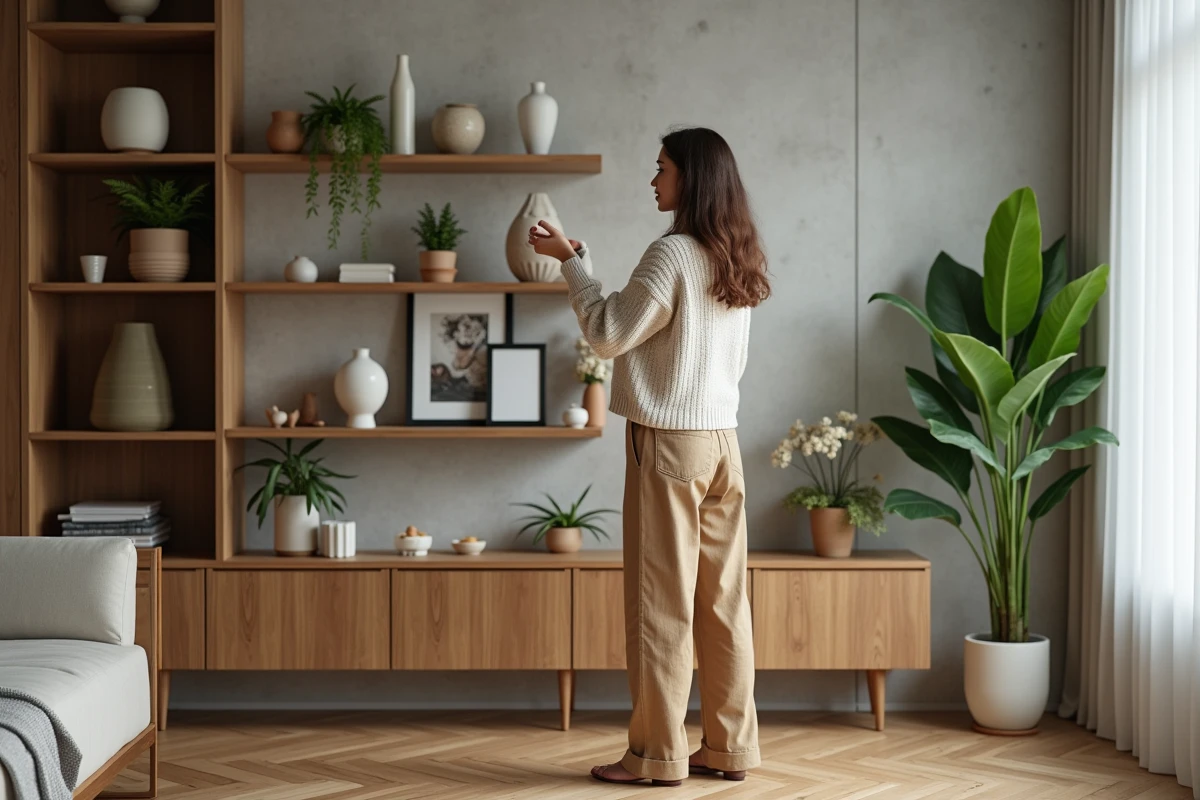 Jeune femme arrangeant des vases dans un salon moderne